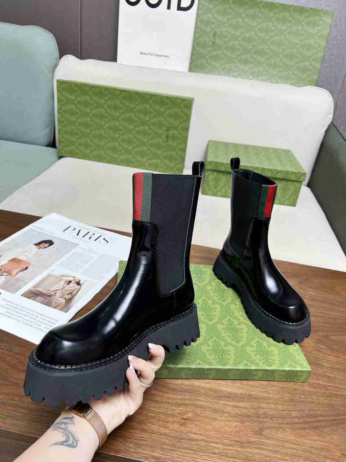 GUCCI WOMEN'S BOOT WITH WEB ANAND LEATHER BLACK 806398 AAD6T 1052