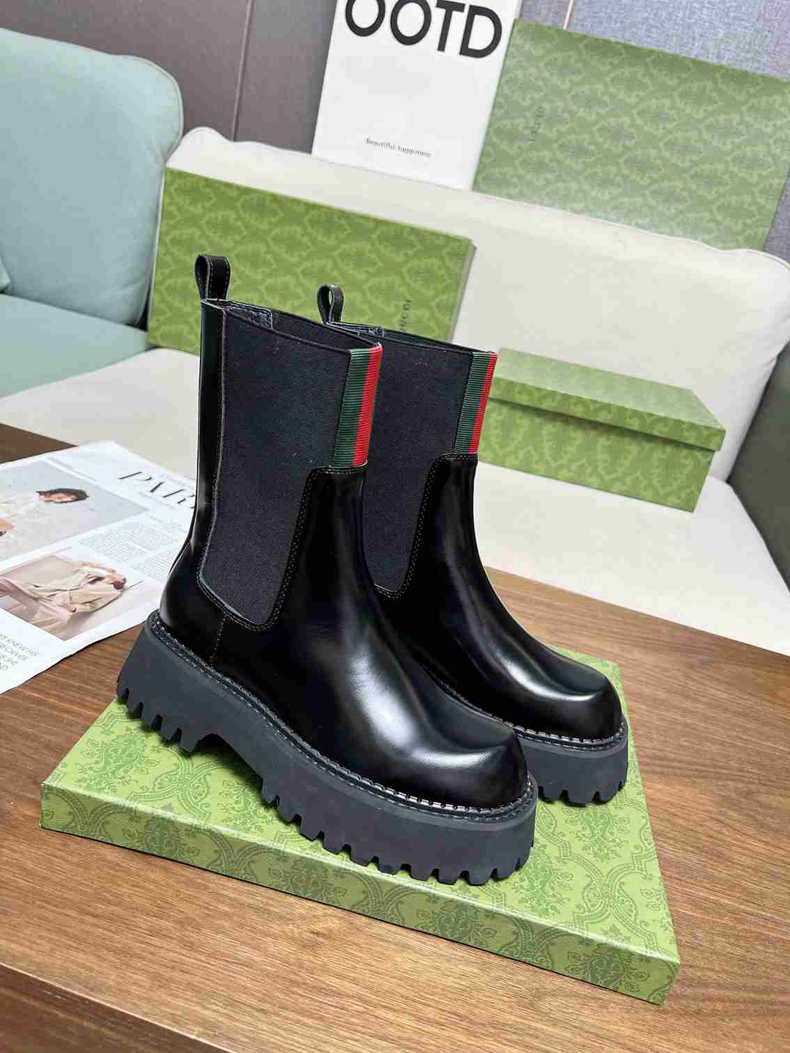 GUCCI WOMEN'S BOOT WITH WEB ANAND LEATHER BLACK 806398 AAD6T 1052