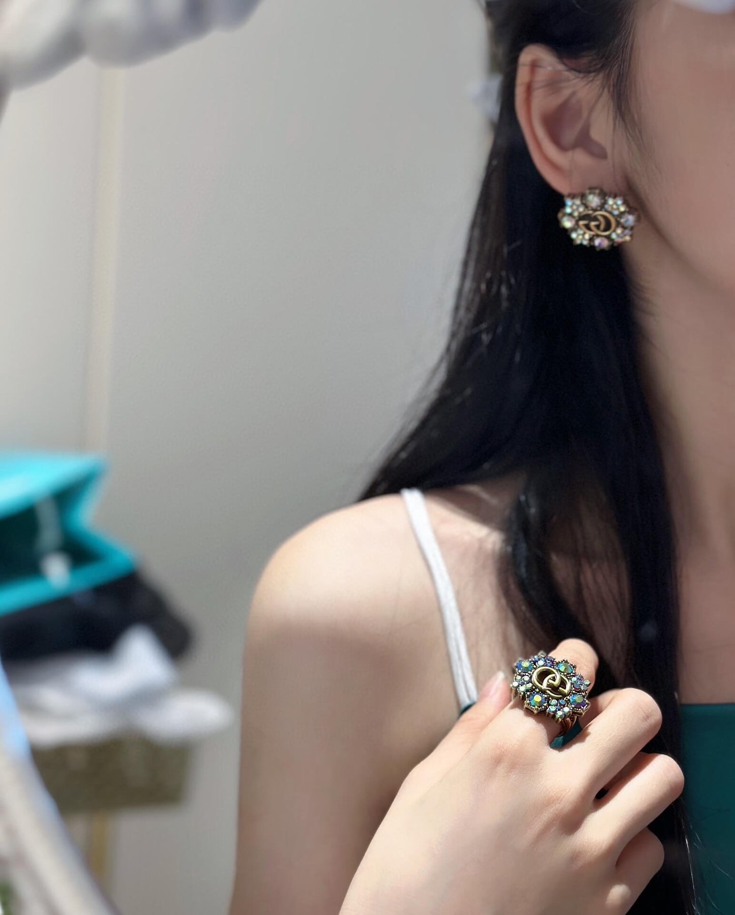 GG Crystal Colorful Rhinestone Inlaid Flower Series Earring Ring EHC20