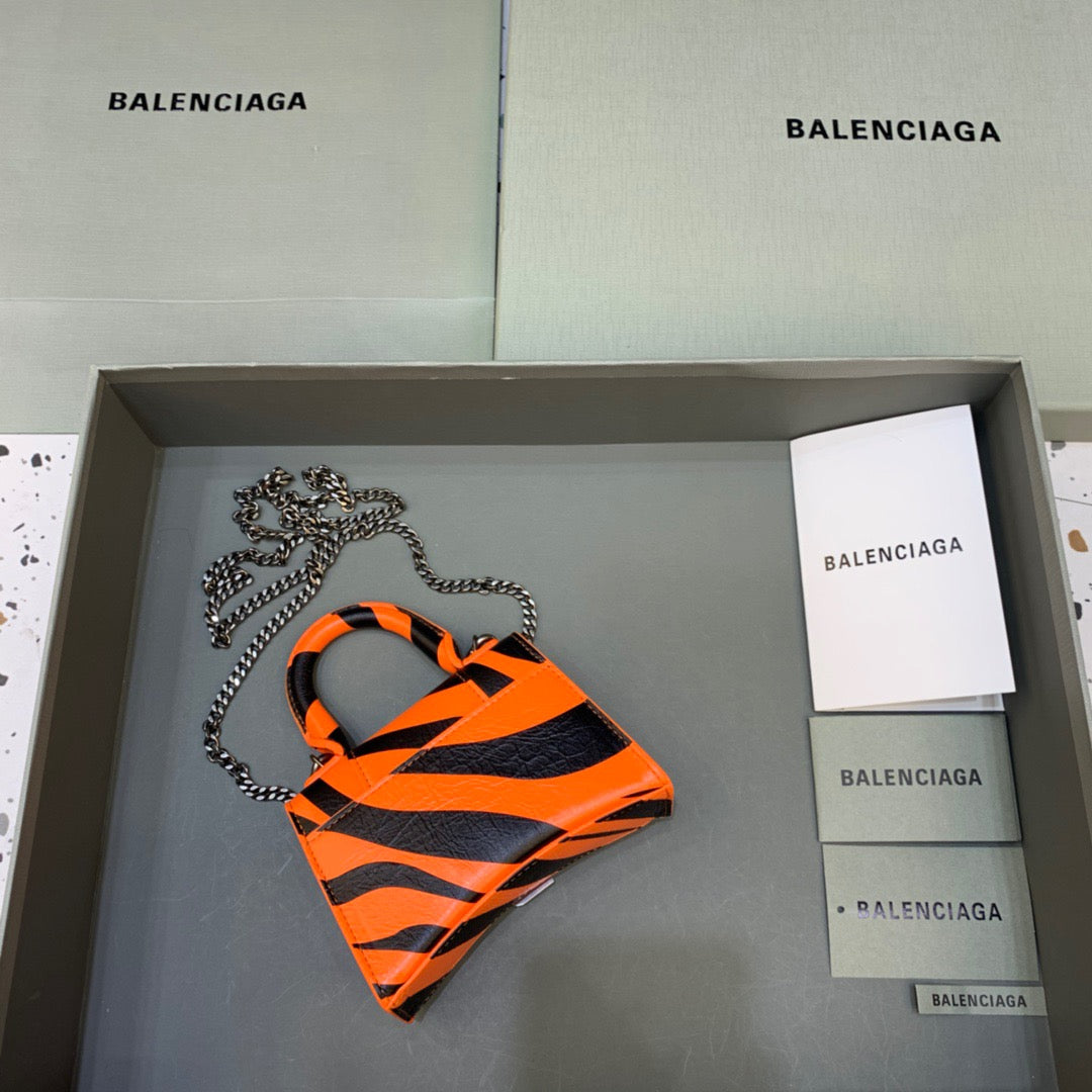Balen Hourglass Mini Handbag With Chain In Black And Orange, For Women, Bags 4.7in/12cm