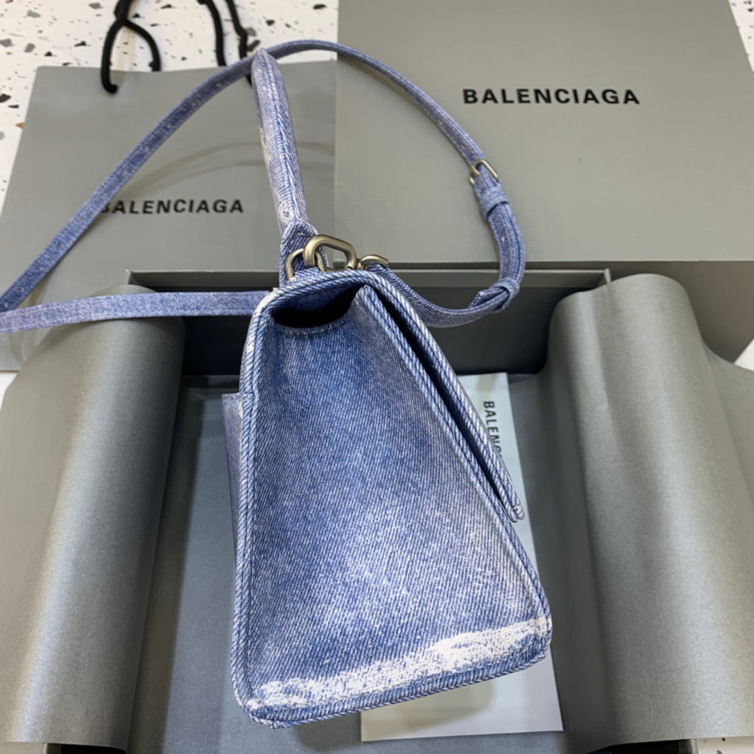 Balen Hourglass Small Handbag In Blue Denim Printed, For Women, Bags 9in/23cm 5935462104W9064