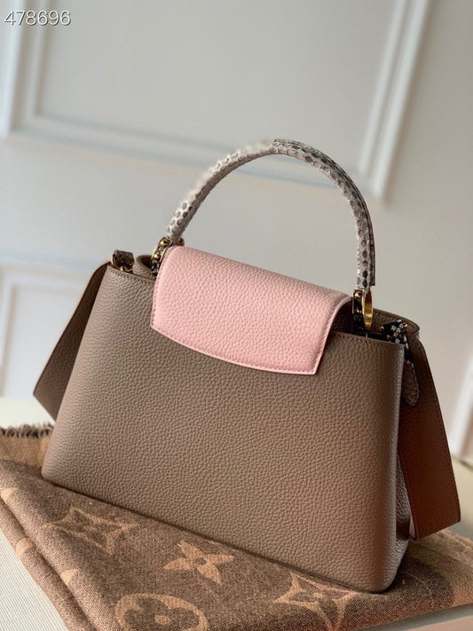 LV Capucines BB Taurillon And Python Taupe Brown/Eau De Rose Pink For Women, Shoulder And Crossbody Bags 10.4in/27cm LV M57539