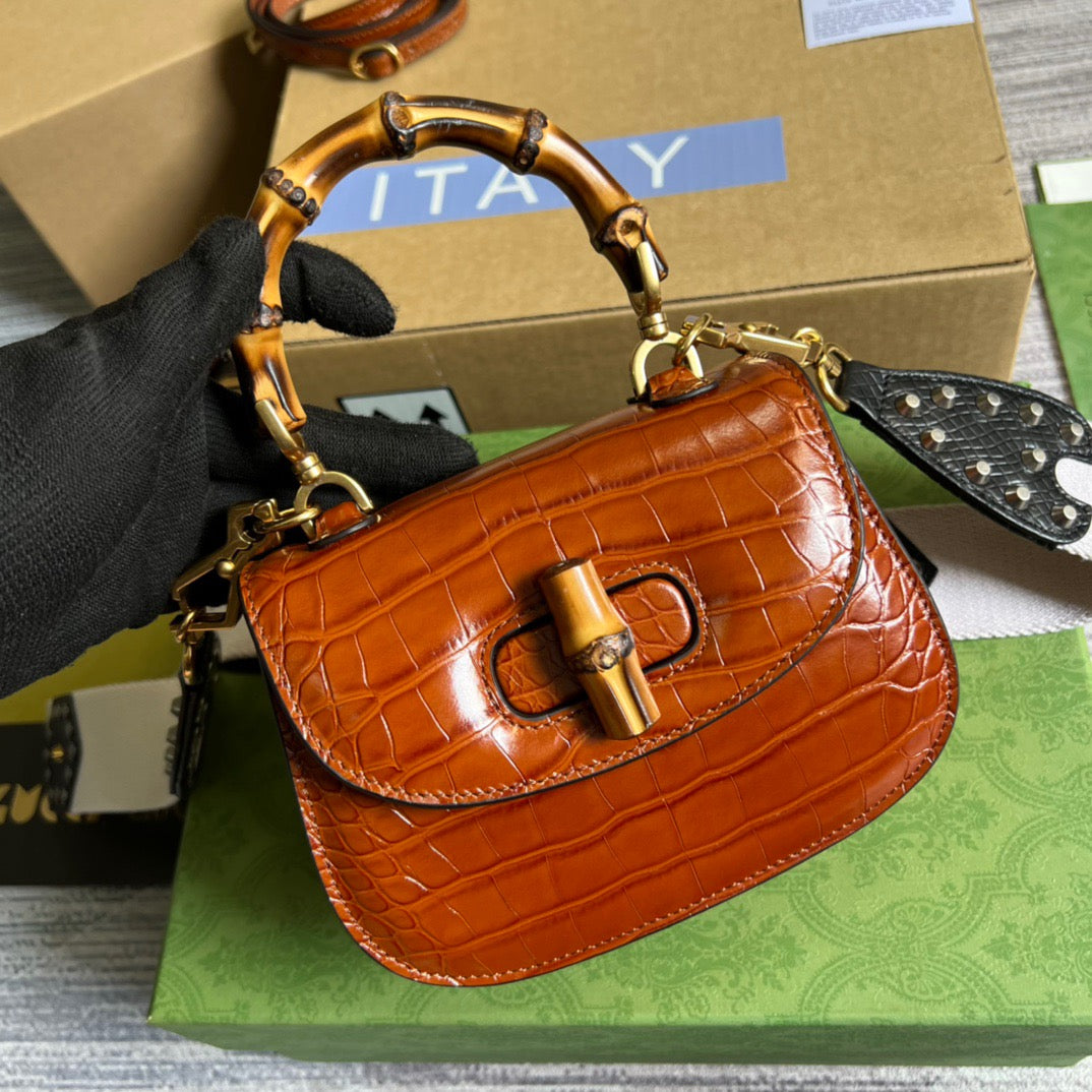 gg Bamboo 1947 Crocodile Mini Top Handle Bag Red For Women, Women’s Bags 6.7in/17cm gg