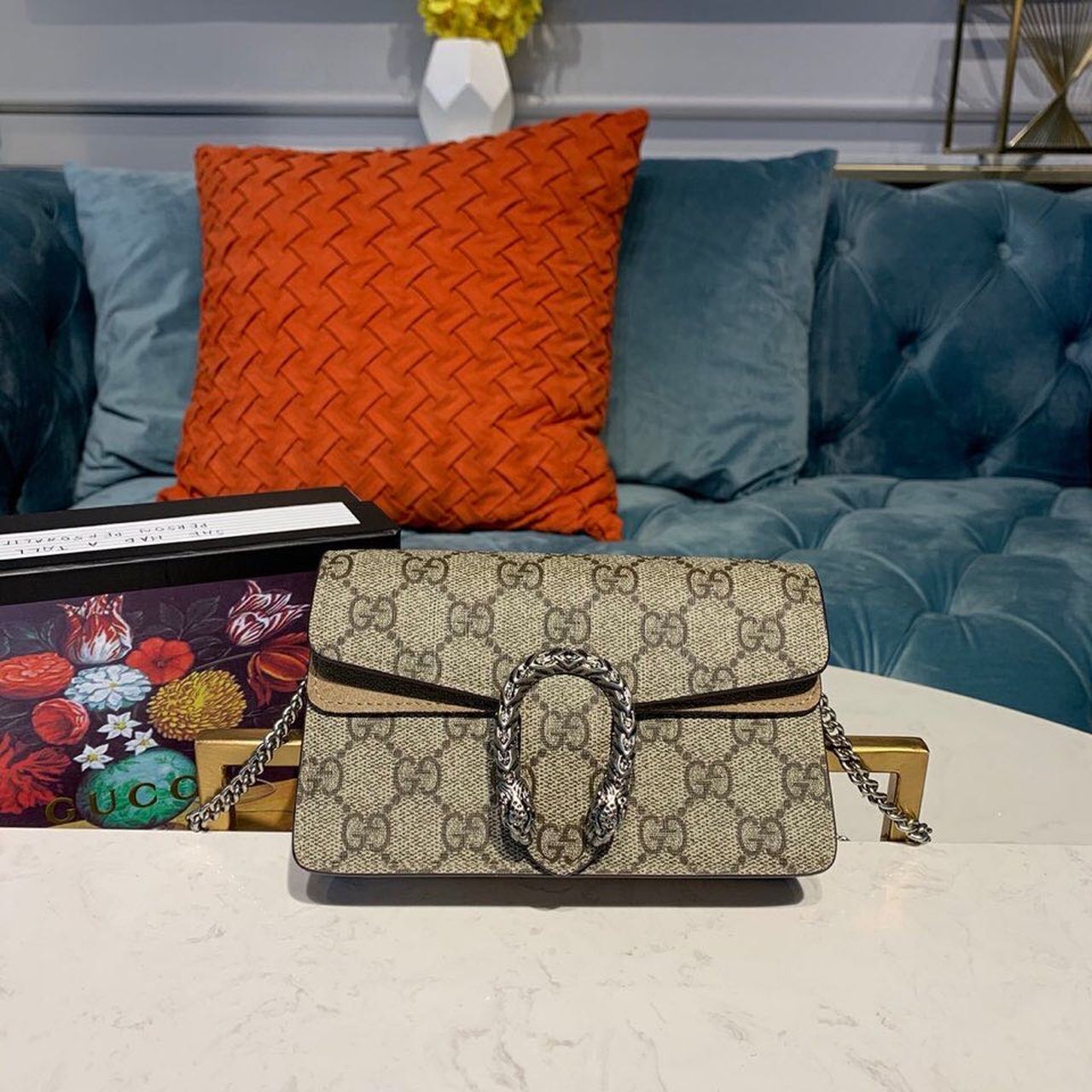 gg Dionysus Super Mini Bag Emerald gg Supreme Canvas Made Using An Earth-Conscious Process With Taupe Detail For Women 6.5in/16.5cm gg 476432 KHNRN 8642