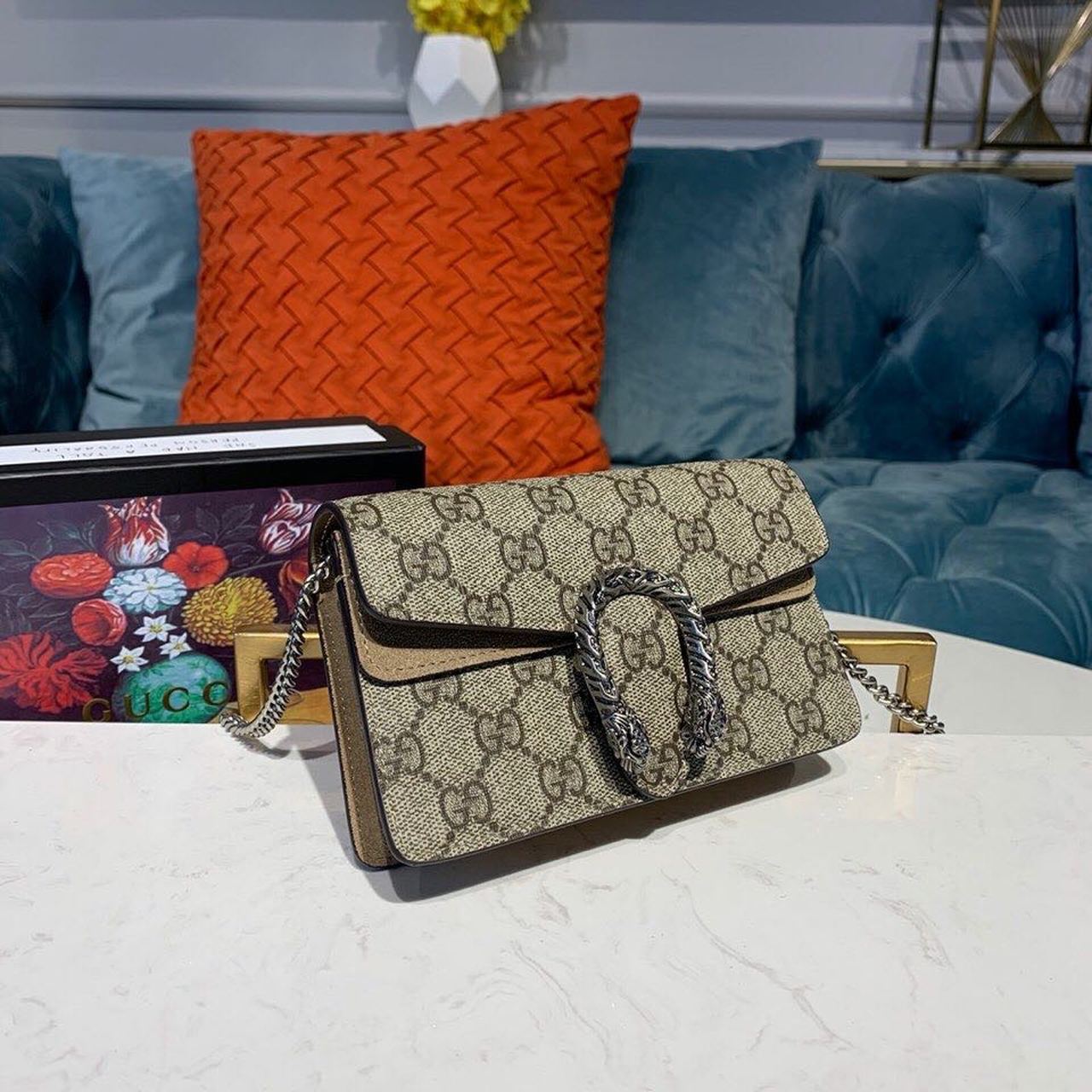 gg Dionysus Super Mini Bag Emerald gg Supreme Canvas Made Using An Earth-Conscious Process With Taupe Detail For Women 6.5in/16.5cm gg 476432 KHNRN 8642