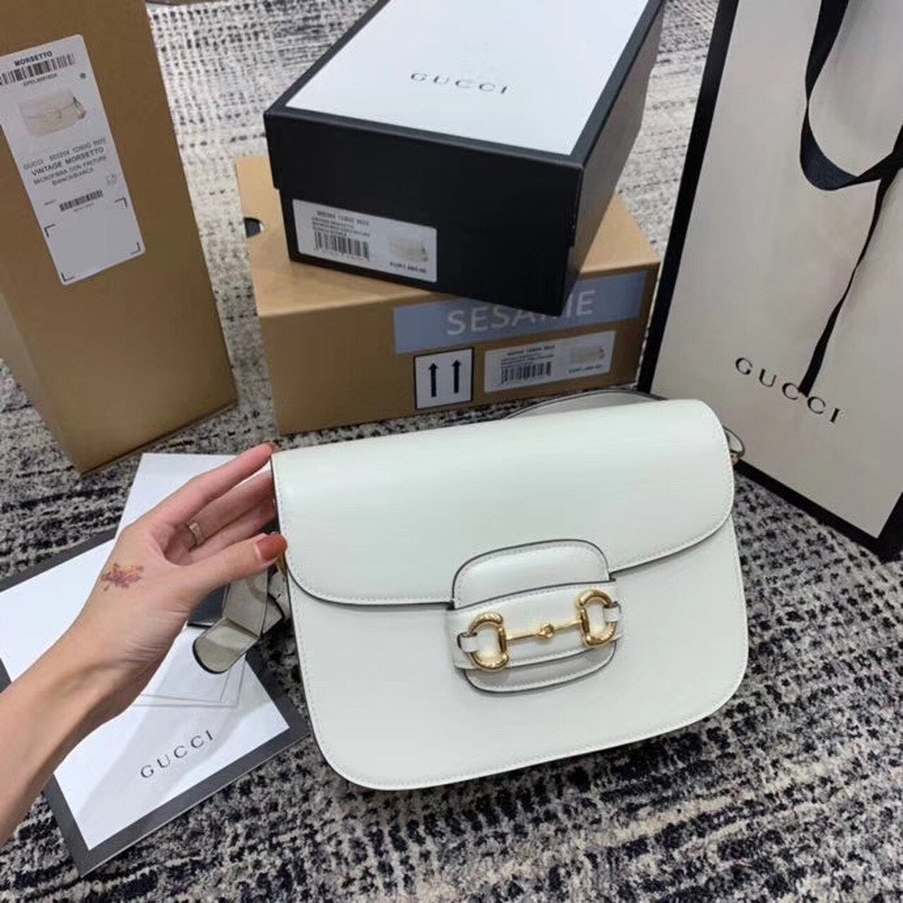 gg Horsebit 1955 Shoulder Bag White For Women 9.8in/25cm gg 602204 1DB0G 9022
