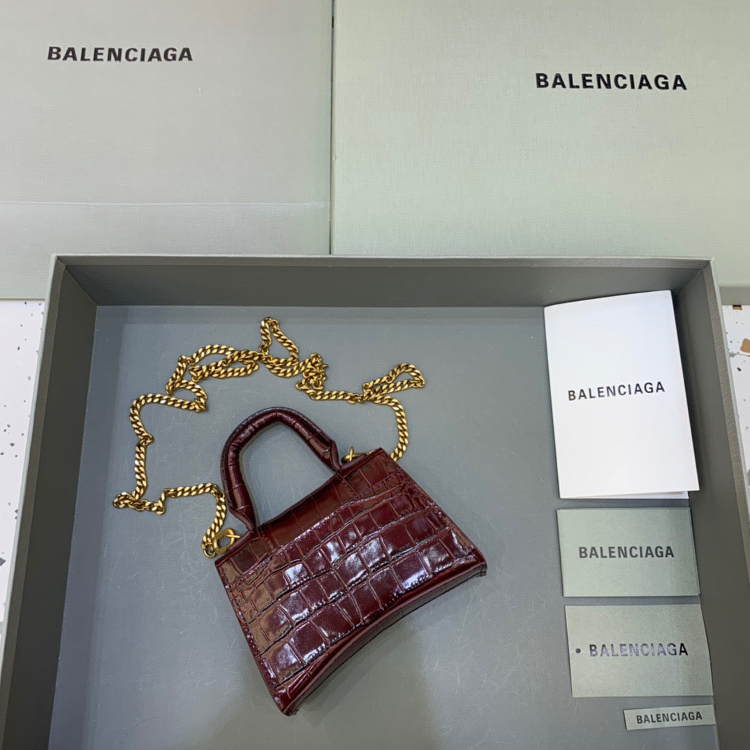 Balen Hourglass Mini Handbag With Chain In Dark Red, For Women, Bags 4.7in/12cm