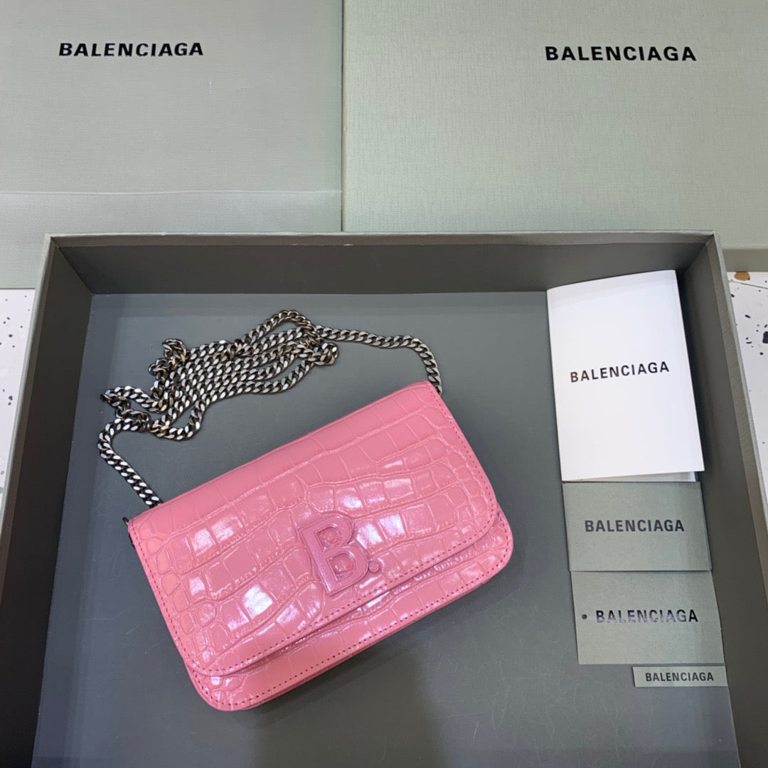 Balen Croc Embossed Patent B Bag With Chain In Pink, For Women, Bags 7.9in/20cm