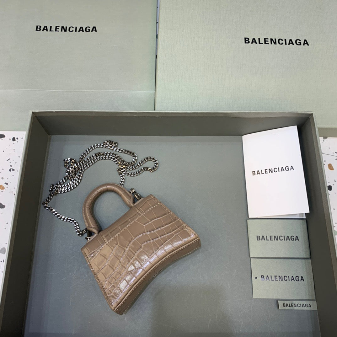 Balen Hourglass Mini Handbag With Chain In Earth Brown, For Women, Bags 4.7in/12cm