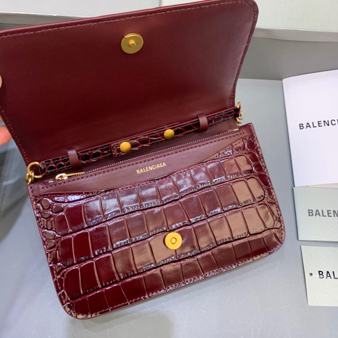 Balen Croc Embossed Patent B Bag With Chain In Dark Red, For Women, Bags 7.9in/20cm