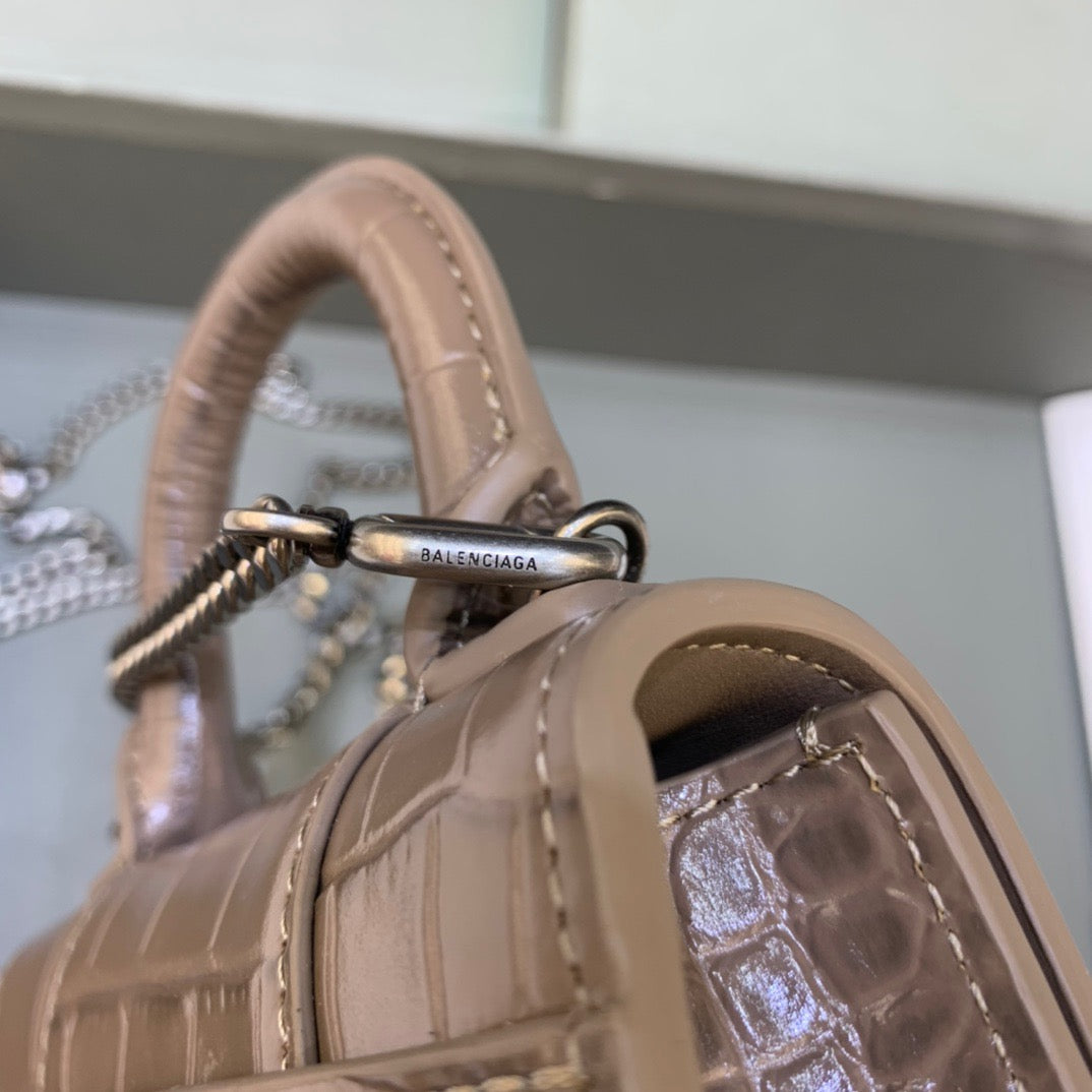 Balen Hourglass Mini Handbag With Chain In Earth Brown, For Women, Bags 4.7in/12cm
