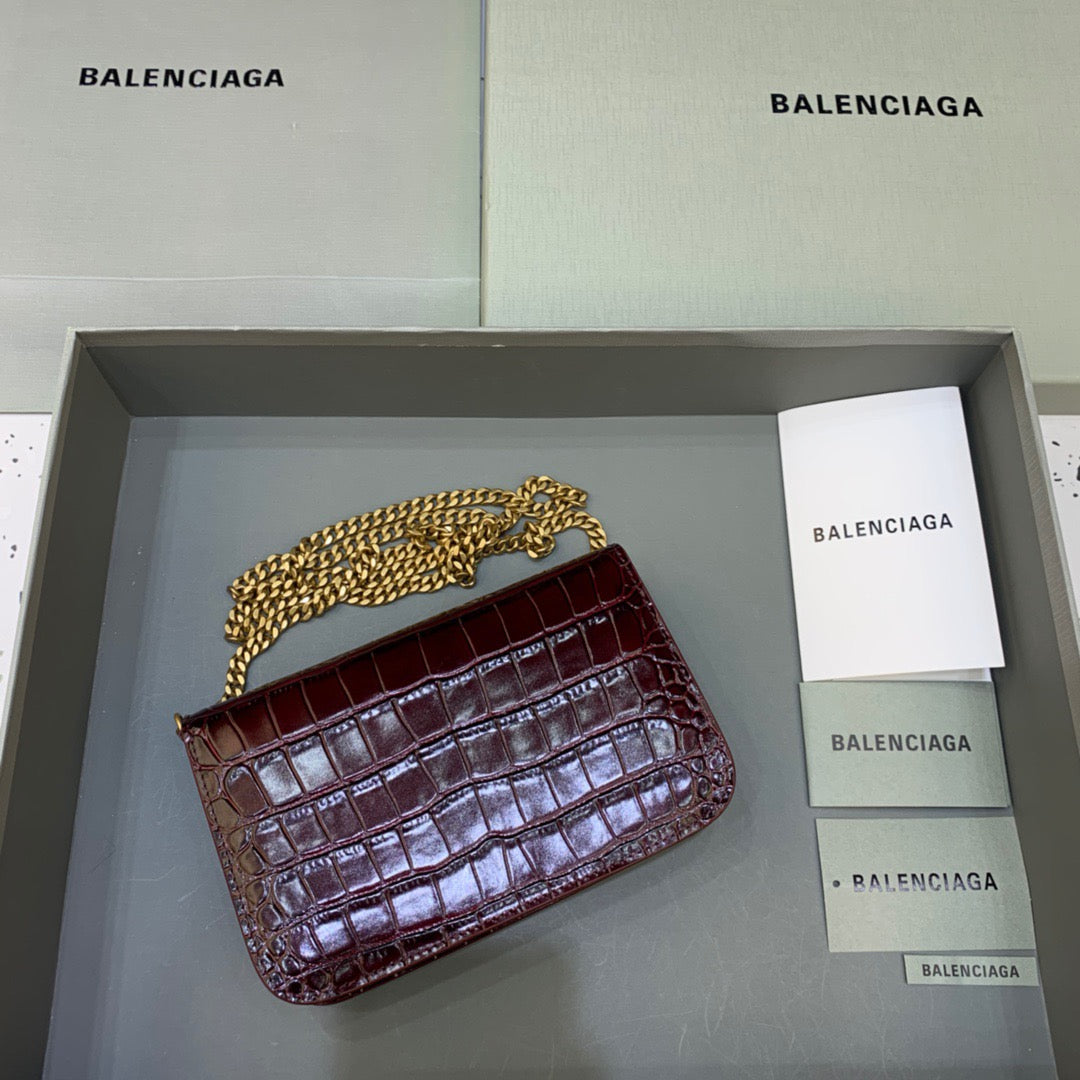 Balen Croc Embossed Patent B Bag With Chain In Dark Red, For Women, Bags 7.9in/20cm