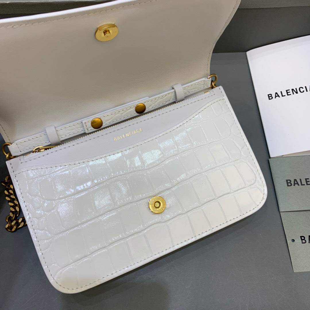 Balen Croc Embossed Patent B Bag With Chain In White, For Women, Bags 7.9in/20cm
