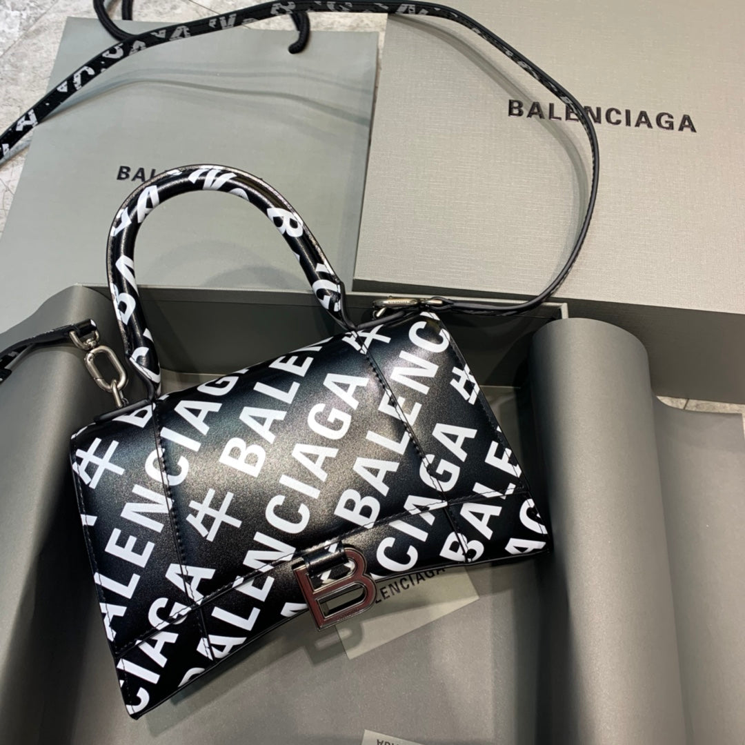 Balen Hourglass Small Handbag In Black And White, For Women, Bags 9in/23cm