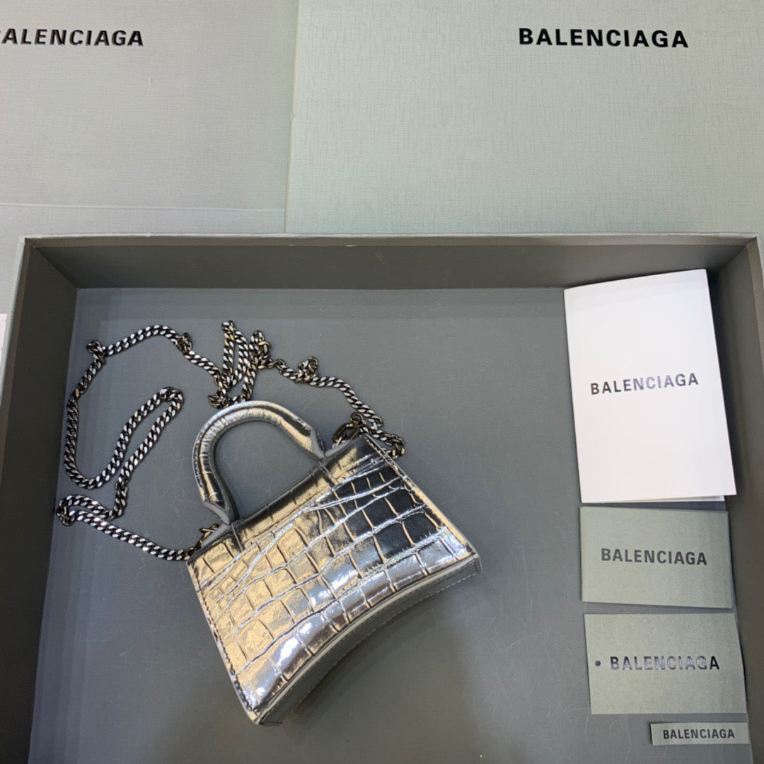 Balen Hourglass Mini Handbag With Chain In Sliver, For Women, Bags 4.7in/12cm