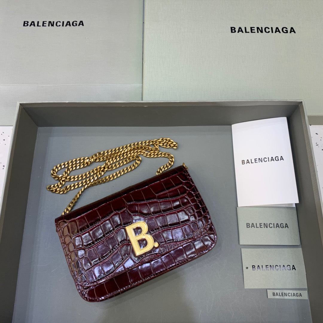 Balen Croc Embossed Patent B Bag With Chain In Dark Red, For Women, Bags 7.9in/20cm
