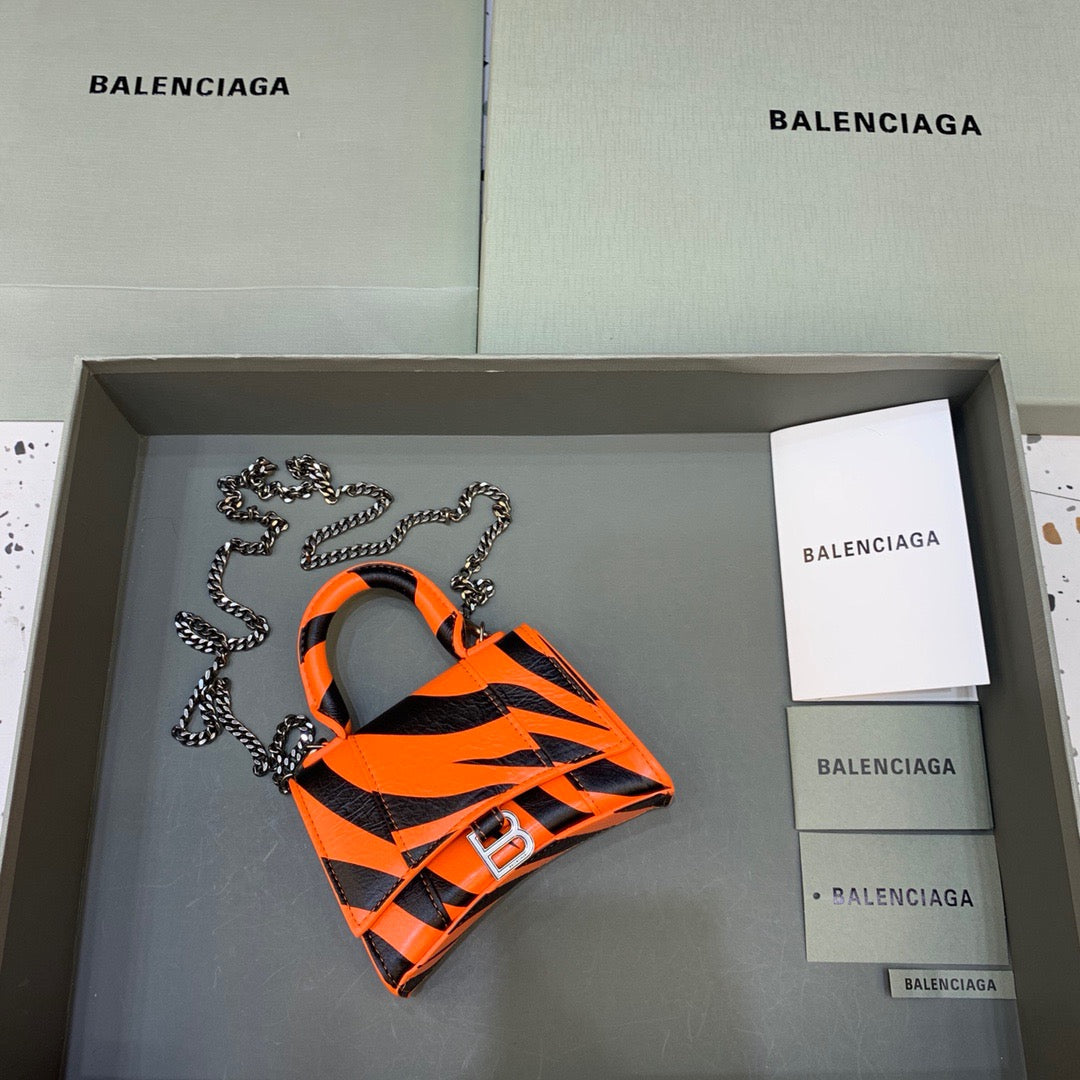 Balen Hourglass Mini Handbag With Chain In Black And Orange, For Women, Bags 4.7in/12cm