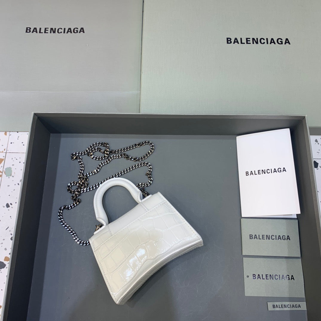 Balen Hourglass Mini Handbag With Chain In White, For Women, Bags 4.7in/12cm