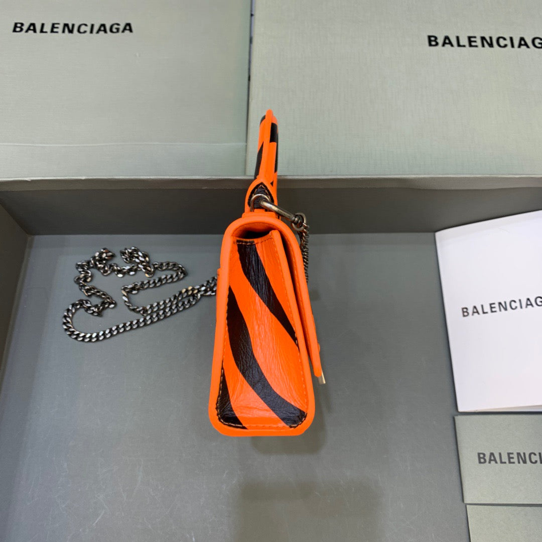 Balen Hourglass Mini Handbag With Chain In Black And Orange, For Women, Bags 4.7in/12cm