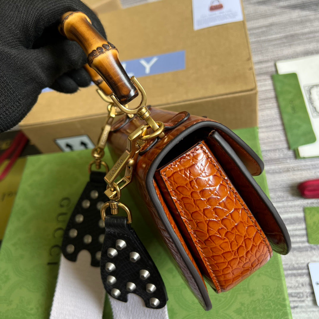 gg Bamboo 1947 Crocodile Mini Top Handle Bag Red For Women, Women’s Bags 6.7in/17cm gg