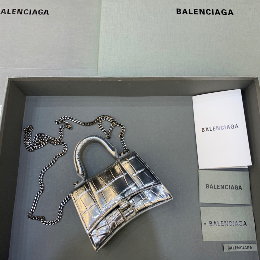 Balen Hourglass Mini Handbag With Chain In Sliver, For Women, Bags 4.7in/12cm