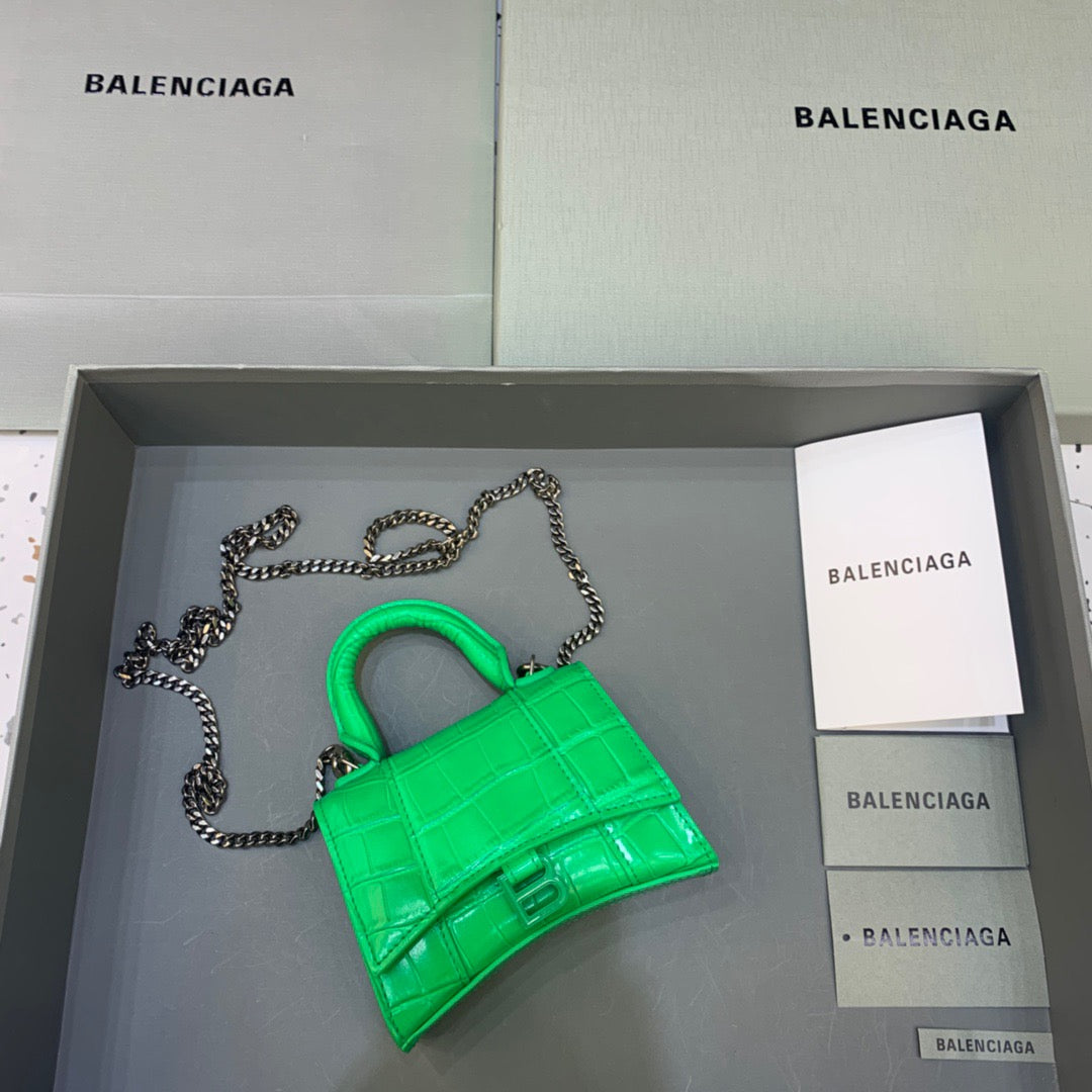 Balen Hourglass Mini Handbag With Chain In Green, For Women, Bags 4.7in/12cm