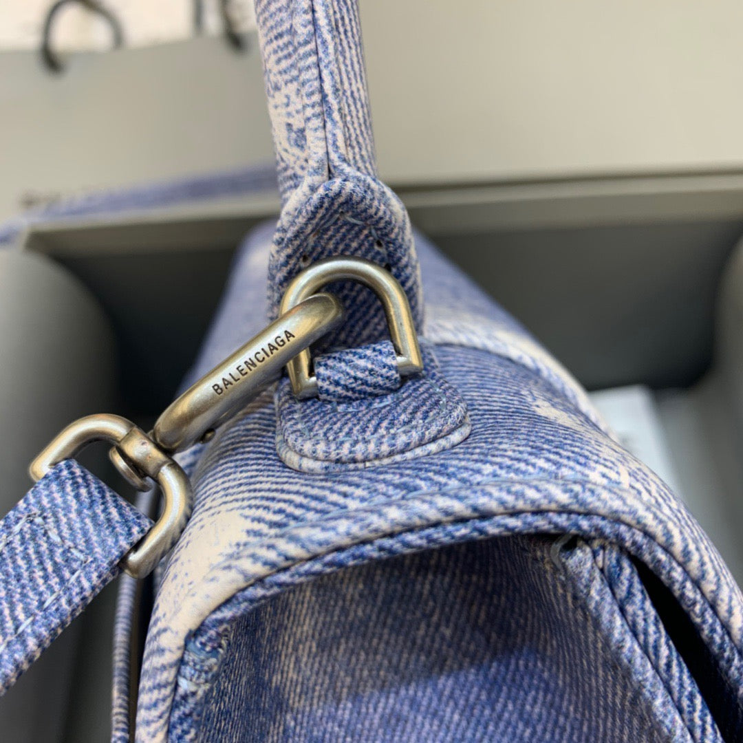 Balen Hourglass Small Handbag In Blue Denim Printed, For Women, Bags 9in/23cm 5935462104W9064