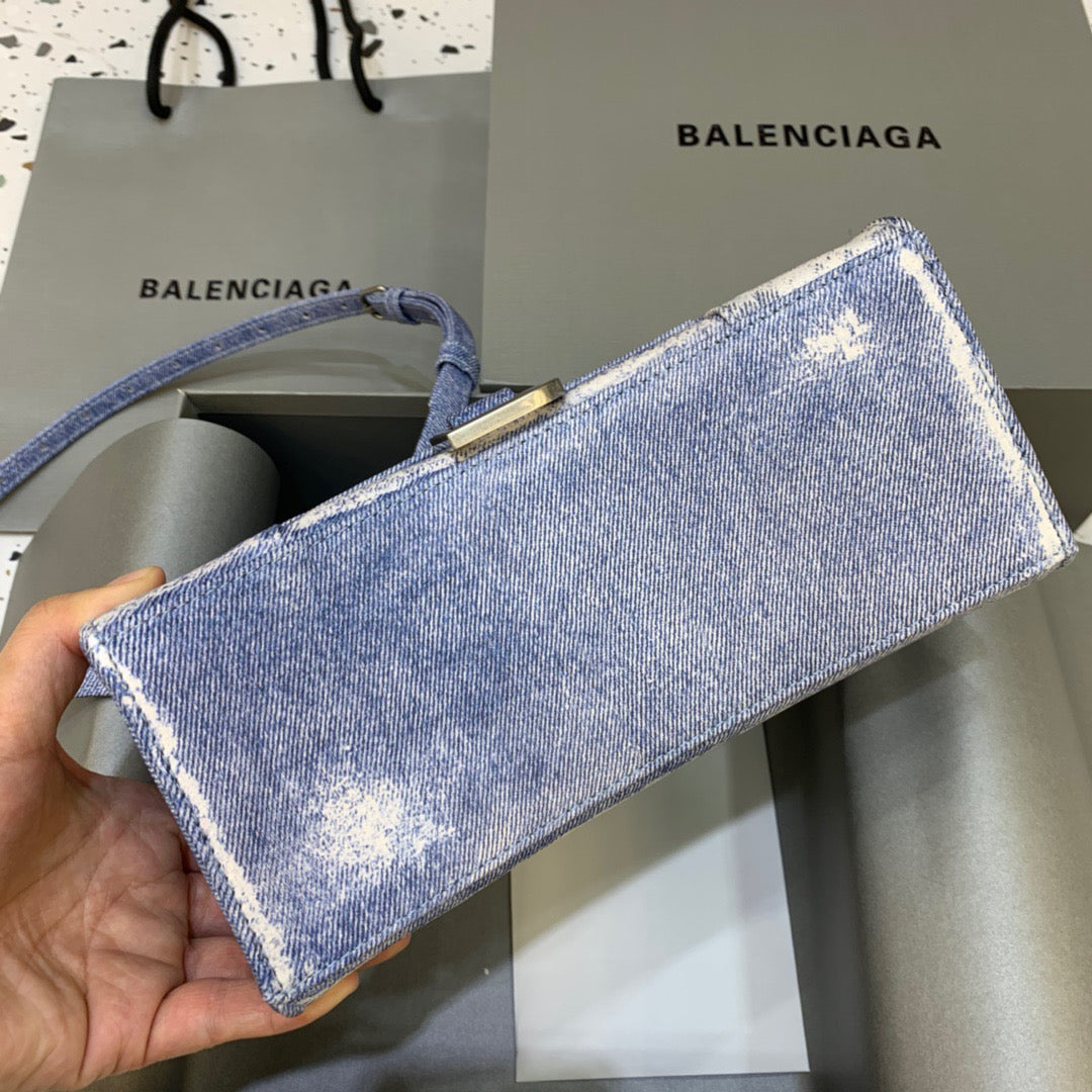 Balen Hourglass Small Handbag In Blue Denim Printed, For Women, Bags 9in/23cm 5935462104W9064