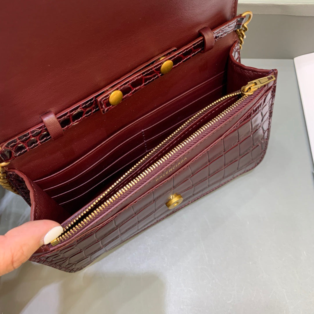 Balen Croc Embossed Patent B Bag With Chain In Dark Red, For Women, Bags 7.9in/20cm