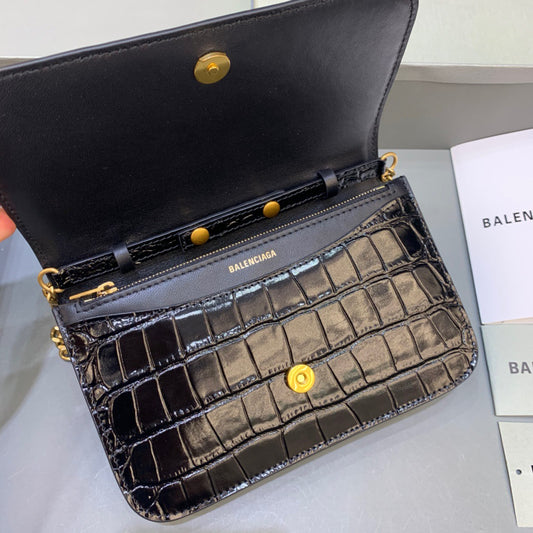 Balen Croc Embossed Patent B Bag With Chain In Black, For Women, Bags 7.9in/20cm