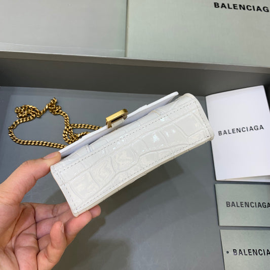 Balen Hourglass Mini Handbag With Chain In White, For Women, Bags 4.7in/12cm