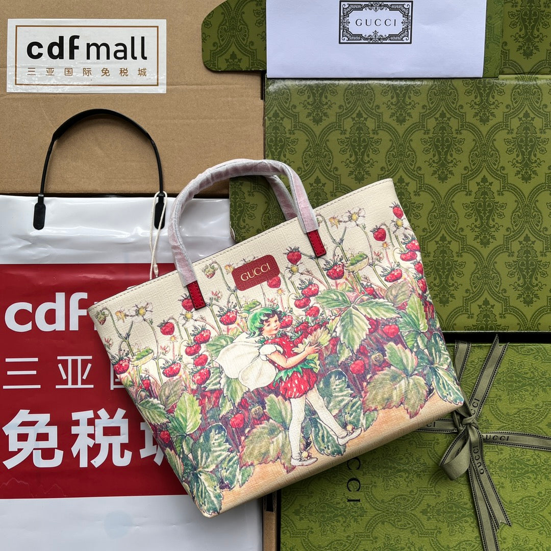 gg Children’s Tote Bag With Strawberry Fairy Print White For Women, Women’s Bags 7.9in/20cm gg
