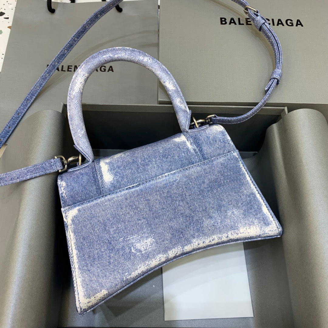 Balen Hourglass Small Handbag In Blue Denim Printed, For Women, Bags 9in/23cm 5935462104W9064