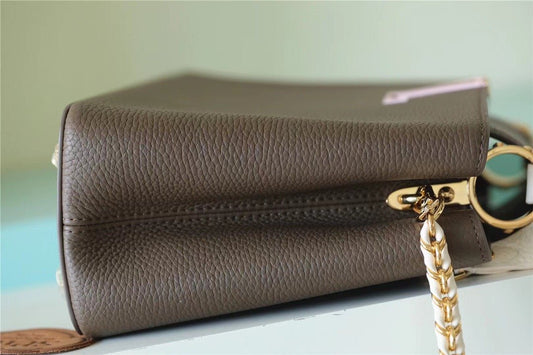 LV Capucines MM Taurillon Smokey Brown Green/ Creme/ Pink For Women, Shoulder And Crossbody Bags 31.5cm/12.4in LV M59516