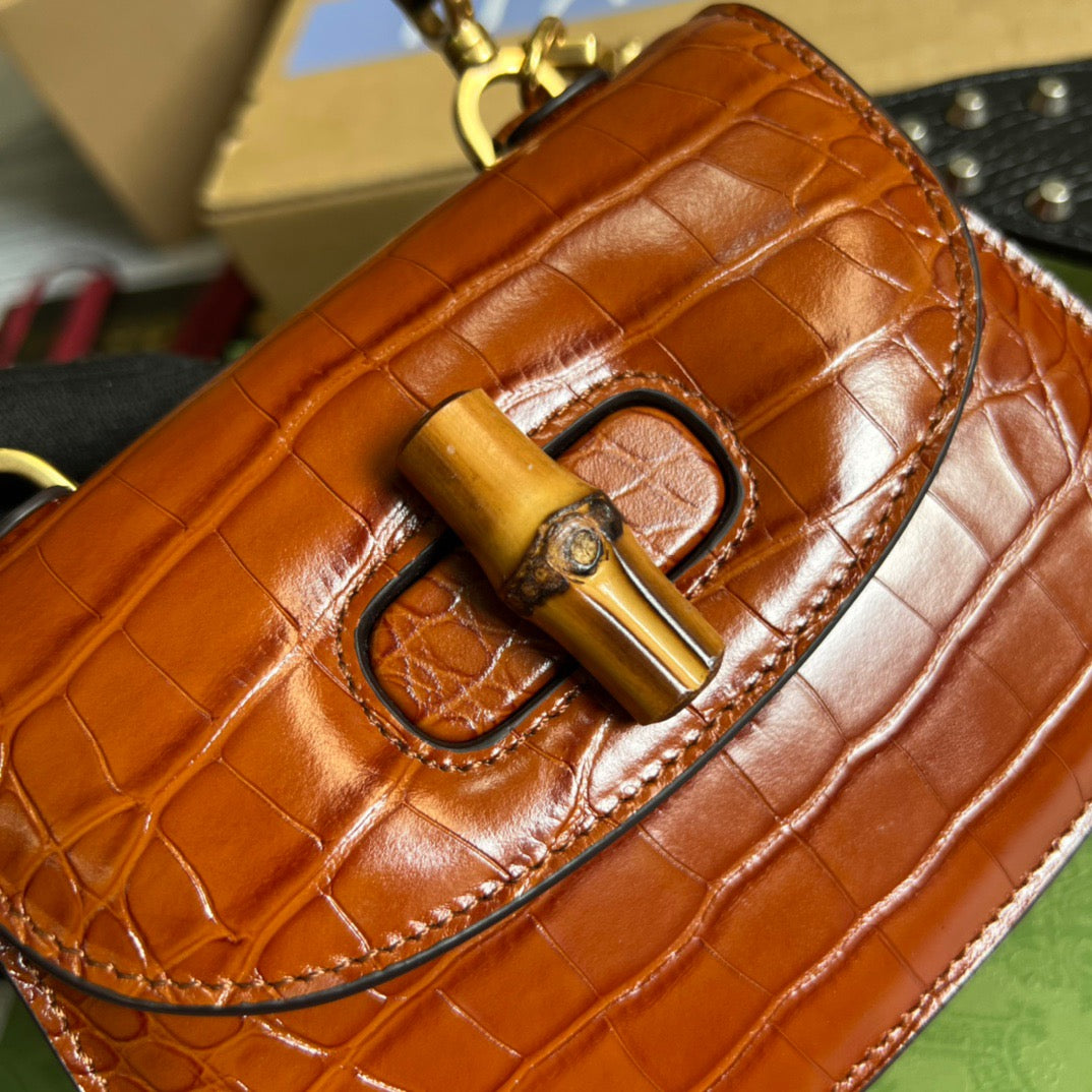 gg Bamboo 1947 Crocodile Mini Top Handle Bag Red For Women, Women’s Bags 6.7in/17cm gg