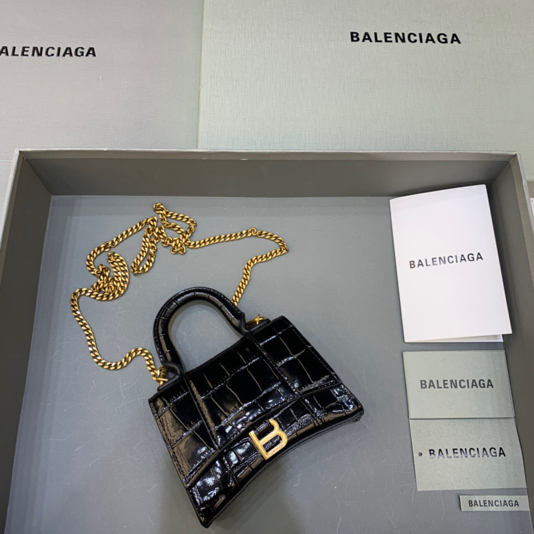 Balen Hourglass Mini Handbag With Chain In Black, For Women, Bags 4.7in/12cm