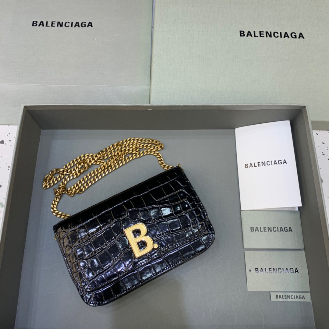 Balen Croc Embossed Patent B Bag With Chain In Black, For Women, Bags 7.9in/20cm