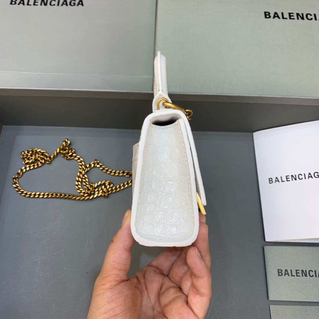 Balen Hourglass Mini Handbag With Chain In White, For Women, Bags 4.7in/12cm