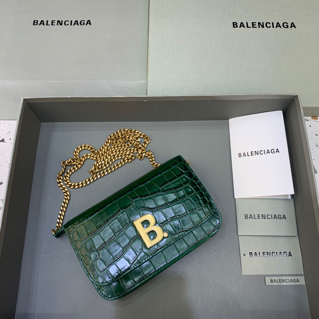 Balen Croc Embossed Patent B Bag With Chain In Green, For Women, Bags 7.9in/20cm