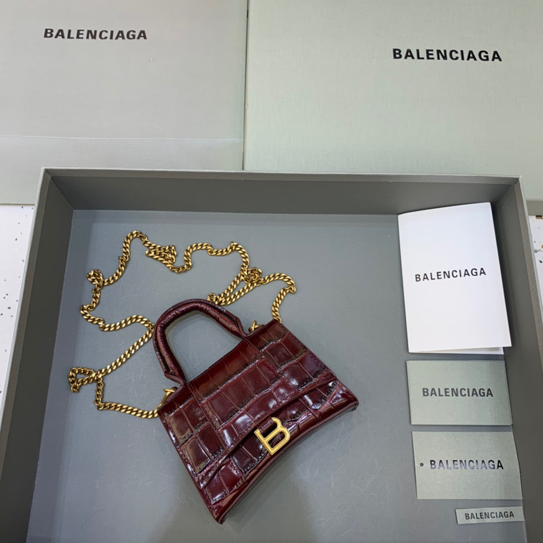 Balen Hourglass Mini Handbag With Chain In Dark Red, For Women, Bags 4.7in/12cm