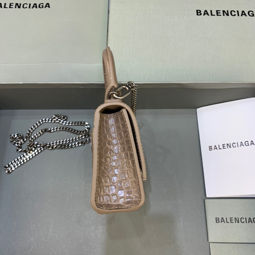 Balen Hourglass Mini Handbag With Chain In Earth Brown, For Women, Bags 4.7in/12cm