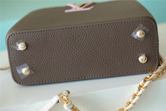 LV Capucines Mini Taurillon Smokey Brown Green/ Creme/ Pink For Women, Shoulder And Crossbody Bags 21cm/8.3in LV