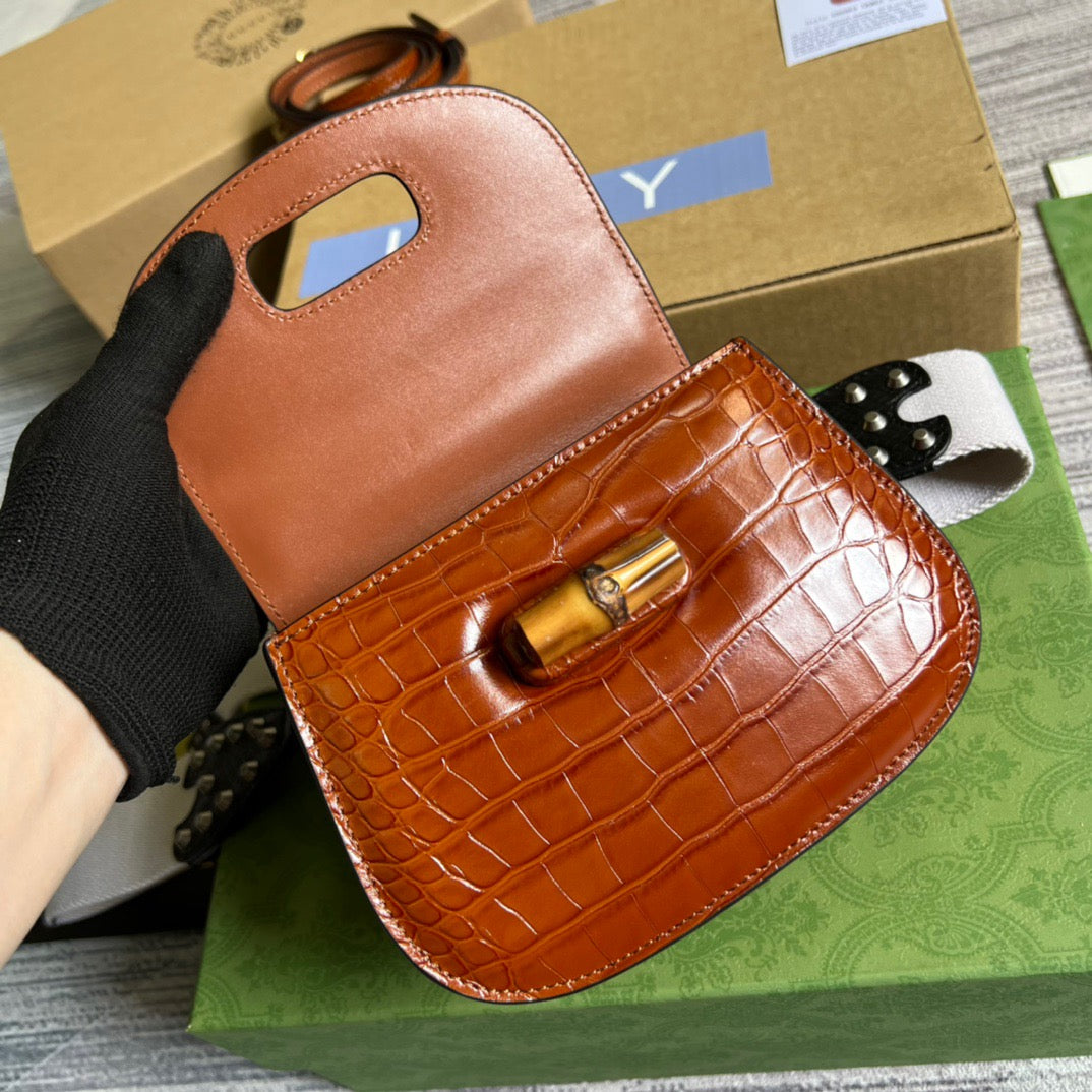 gg Bamboo 1947 Crocodile Mini Top Handle Bag Red For Women, Women’s Bags 6.7in/17cm gg