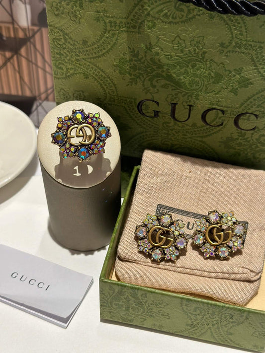 GG Crystal Colorful Rhinestone Inlaid Flower Series Earring Ring EHC20