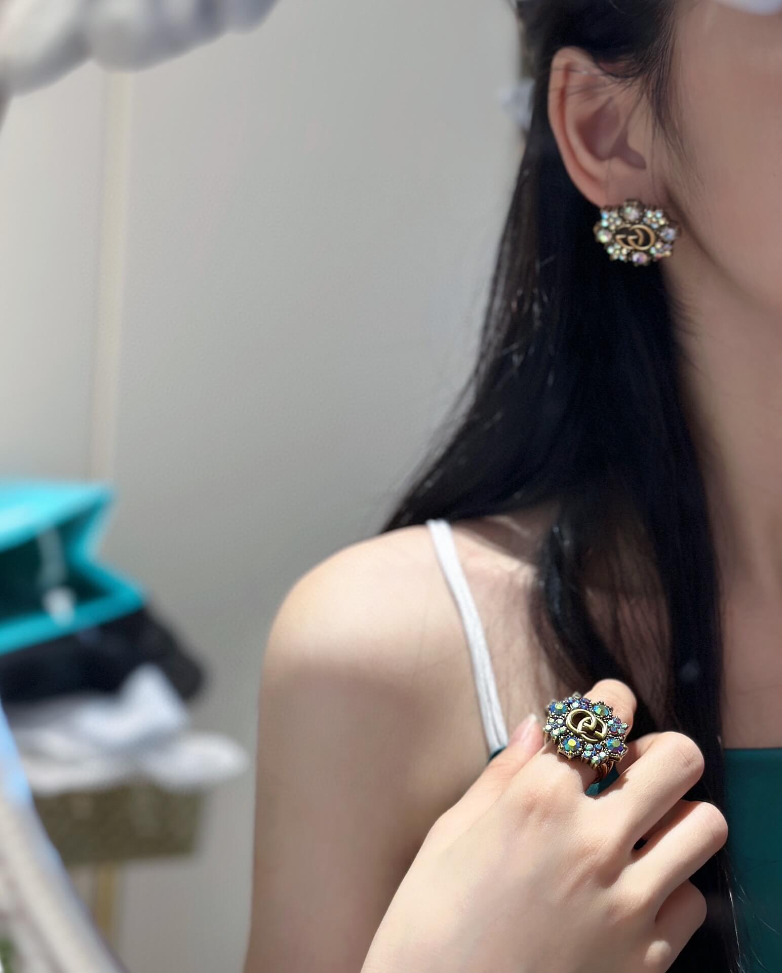 GG Crystal Colorful Rhinestone Inlaid Flower Series Earring Ring EHC20