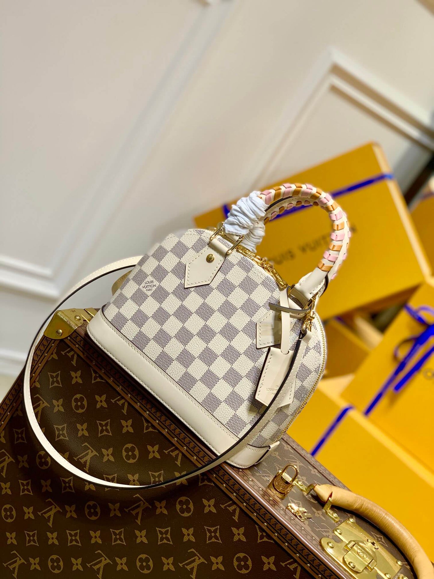 N45294 ALMA BB BAG Damier Azur WHITE WITH PINK N41221