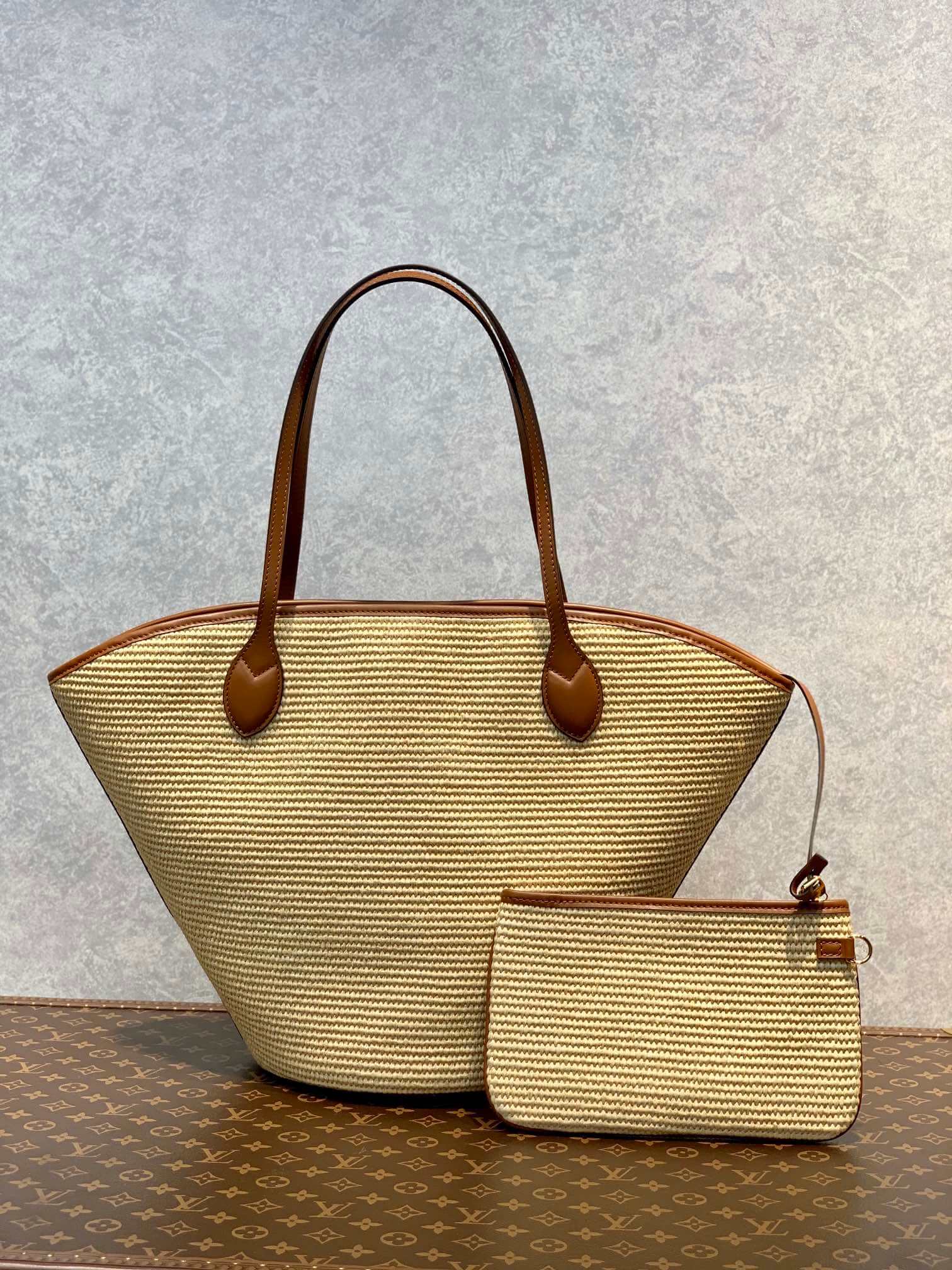 M59963 M59808 Brown Plain Leather Logo Straw Bags 2022 SS free shipping