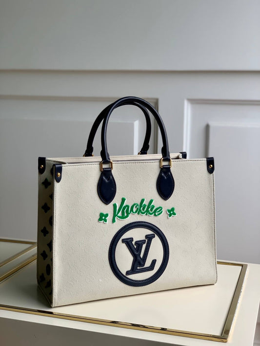 M20815 ONTHEGO TOTE BAG EMBROIDERED AND LEATHER TRIM SMALL 35 BLACK GREEN