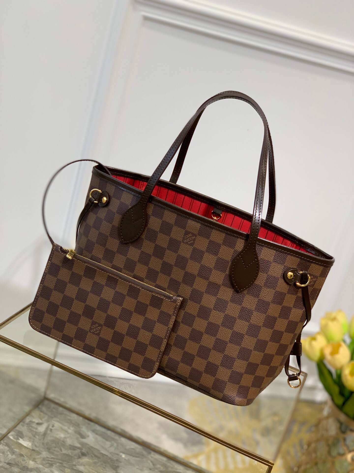 N41359 Neverfull PM red inside Damier Ebene Handbag subaxillary bag