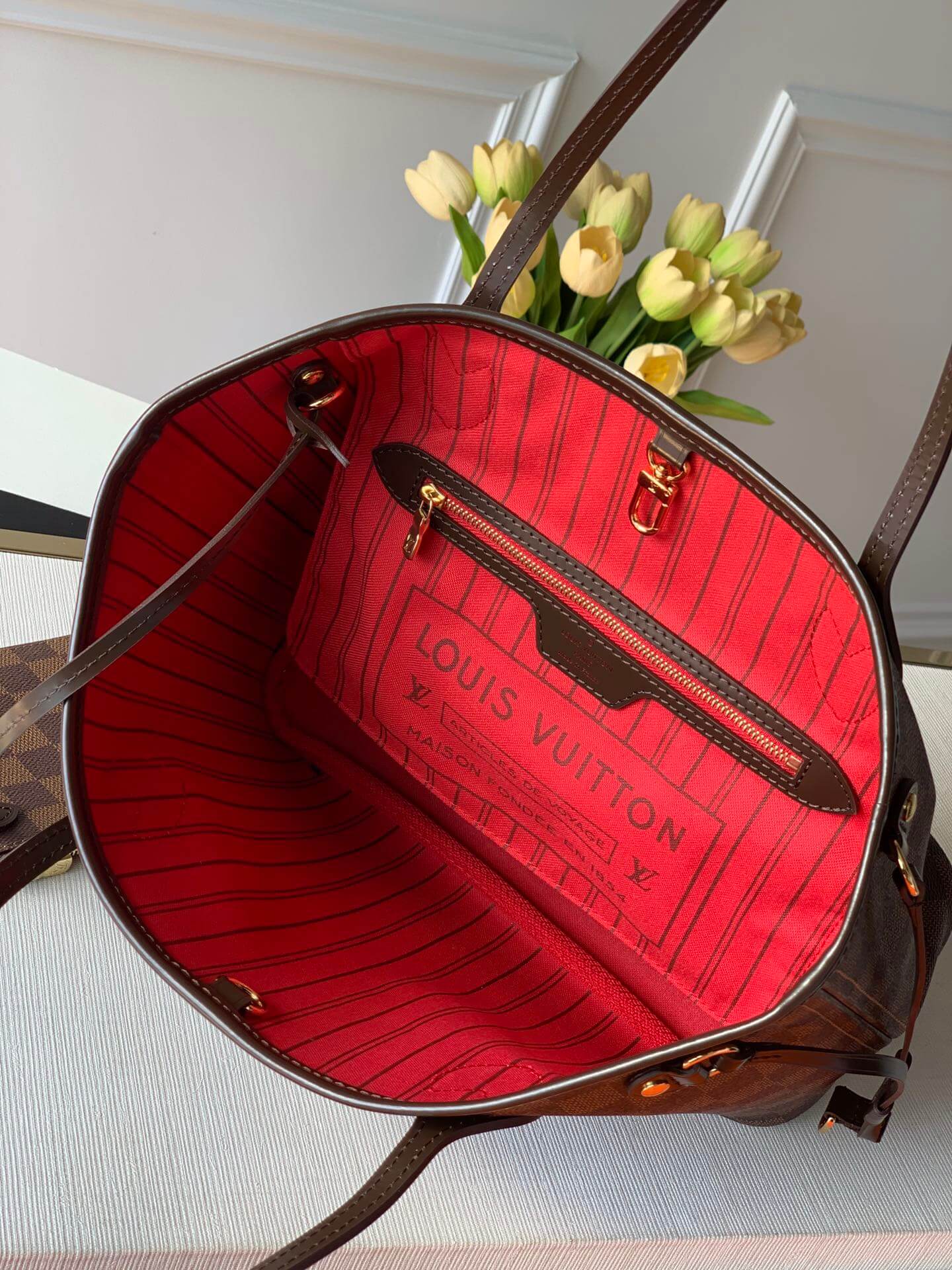 N41359 Neverfull PM red inside Damier Ebene Handbag subaxillary bag